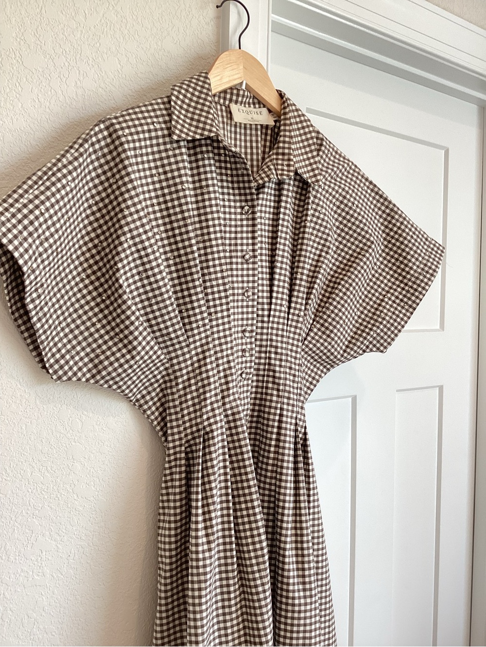 Exquise Tobie Pleated Shirt Dress Studded Short Sleeve New XS Gingham Brown